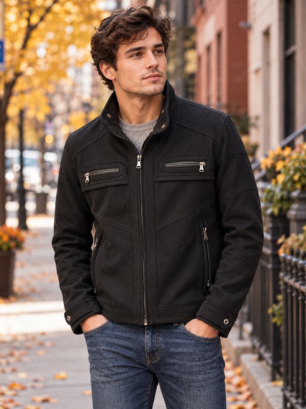 INC International Concepts Mens S Black Wool Blend Moto Jacket Zip Pockets